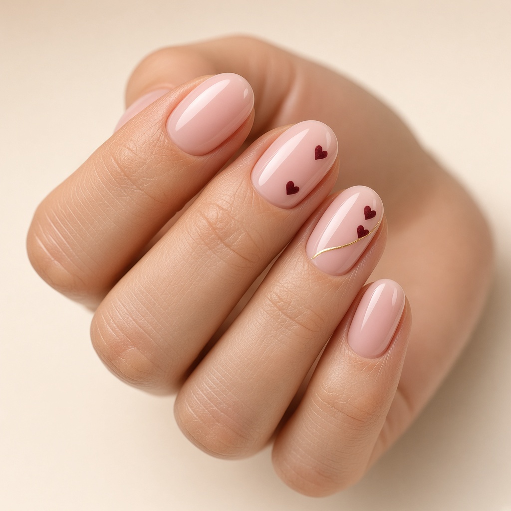 Nail art milky pink dengan detail hati dan garis emas