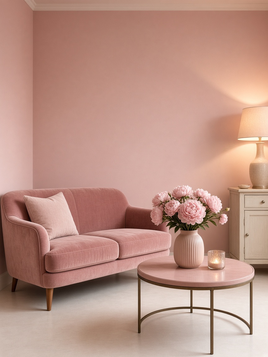 Ruang home studio bernuansa blush pink dengan sofa kecil dan bunga